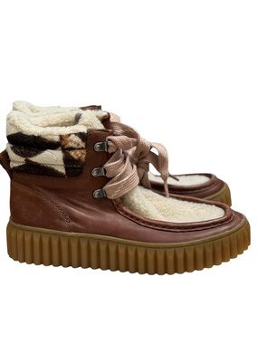 Sam Edelman Fay Leather Sherpa Booties Brown Cow Hair Platform Size 7.5 NWOT